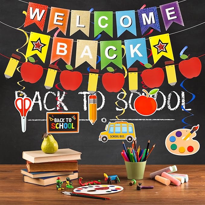 Back To School Decorations First Day Of School Bannner Apple Pencil Garland And Hanging Swirls Welcome Back To School Decor Supplies For School Party Favors