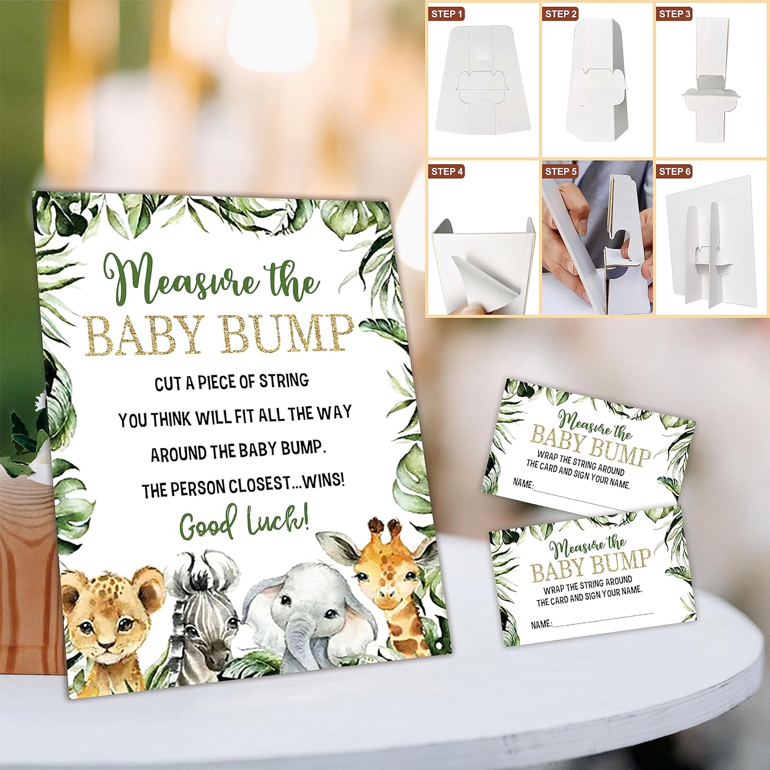 Baby Shower Games - Measure The Baby Bump Set - Greenery Floral Safari Theme How Big Is Mommy'S Belly - 1 Standing Sign & 50 Tickets - Gender Reveal Party Decorations & Supplies -Dwlk-A02