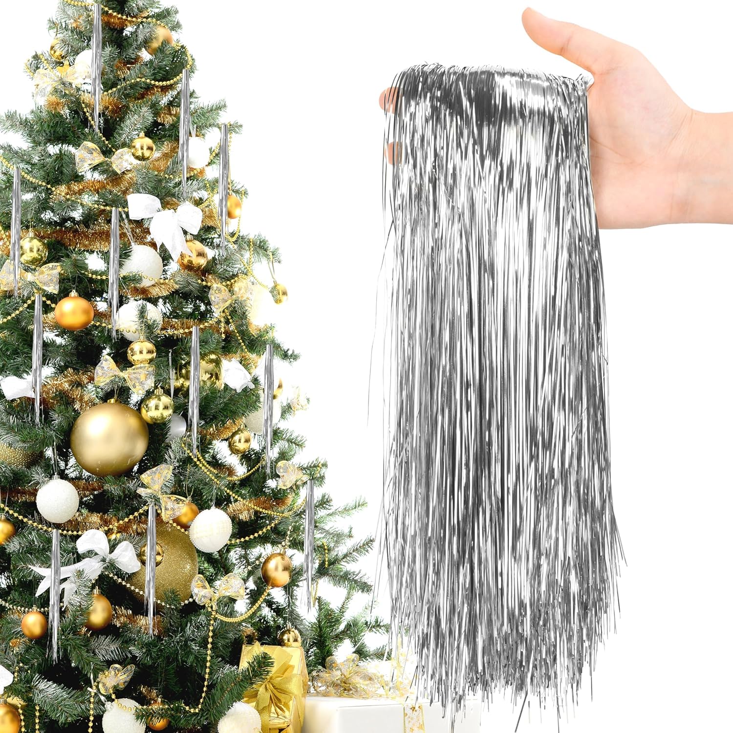 12000 Strands Silver Christmas Strand Tinsel Icicle,19.7" Tinsel Foil Fringes Shiny Icicles Garland Christmas Tree Glitter Hanging Decorations For Indoor Outdoor Home Holiday Party Supplies