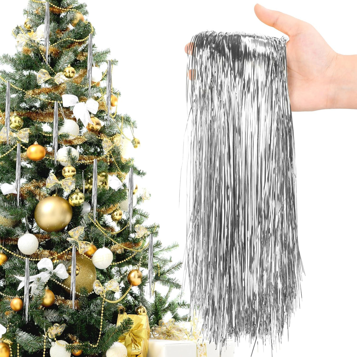 12000 Strands Silver Christmas Strand Tinsel Icicle,19.7" Tinsel Foil Fringes Shiny Icicles Garland Christmas Tree Glitter Hanging Decorations For Indoor Outdoor Home Holiday Party Supplies