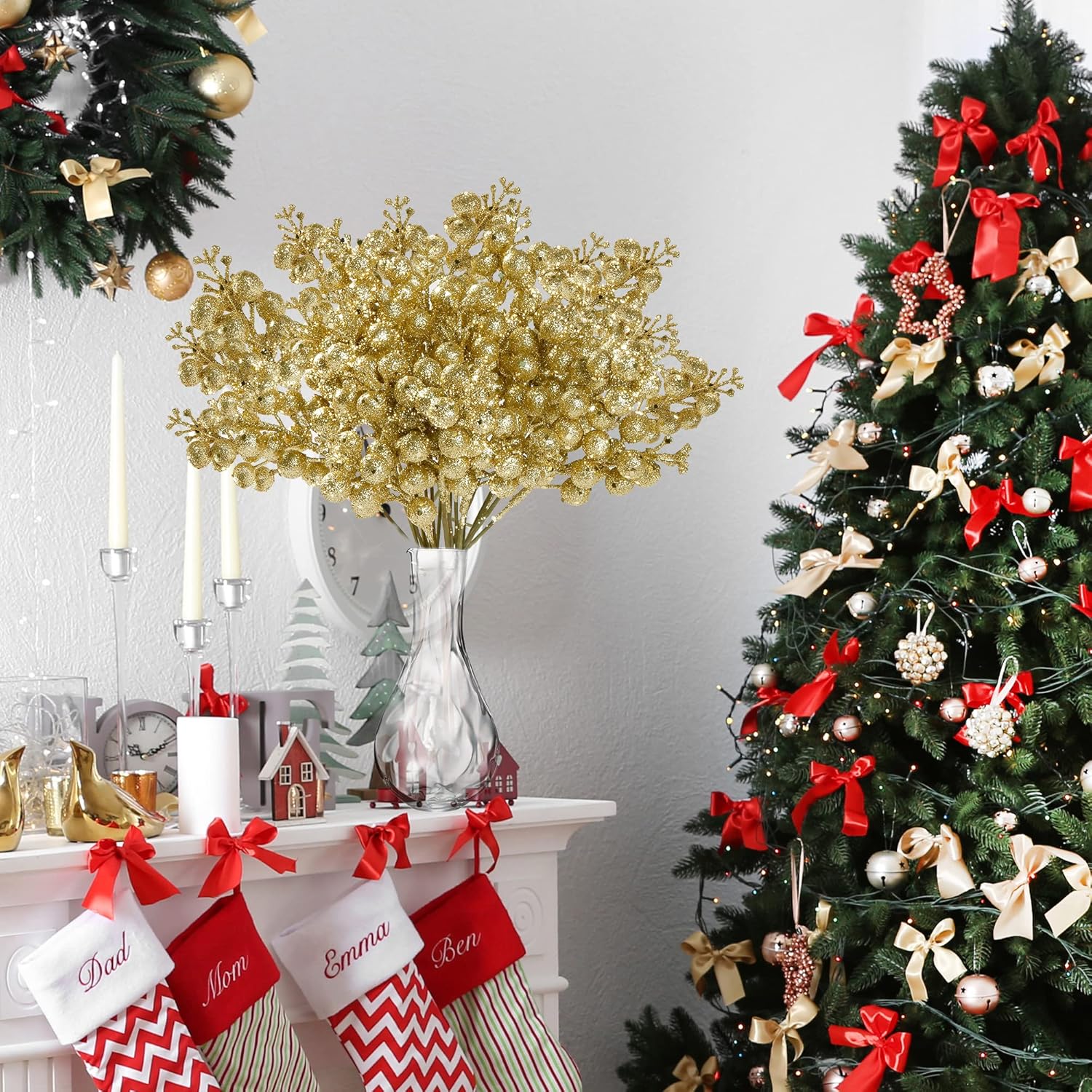 30Pcs Christmas Glitter Berries Stems Artificial Red Berry Branches Holly Picks Stems Christmas Tree Ornaments For Diy Xmas Wreath Crafts Gifts Holiday Home Decor (Gold)