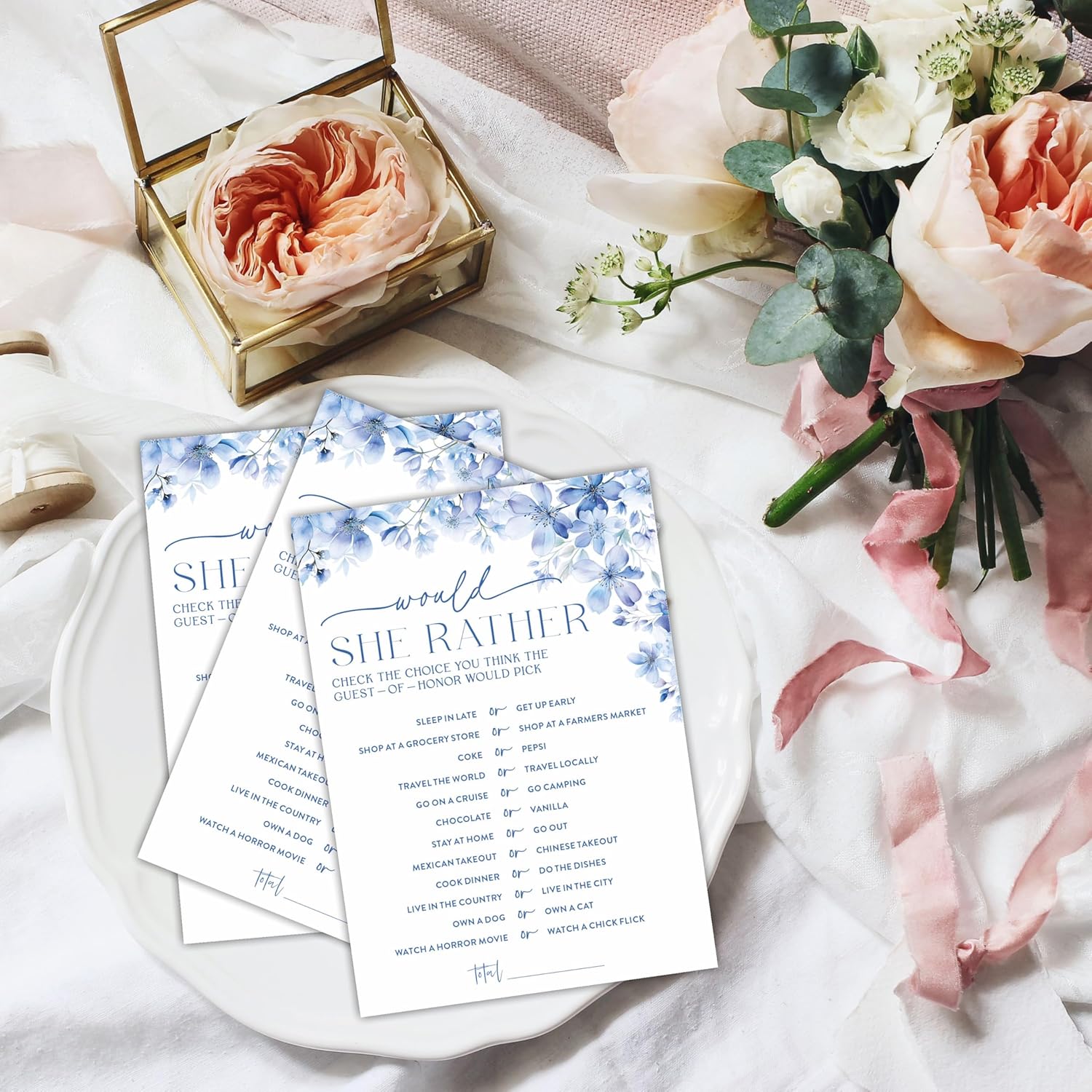 Would She Rather Bridal Shower Game - Blue Floral - 30 Pcs Double-Sided Fill-In Wedding Game Cards For Newlyweds, Engagement Party Activities & Decorations -A01