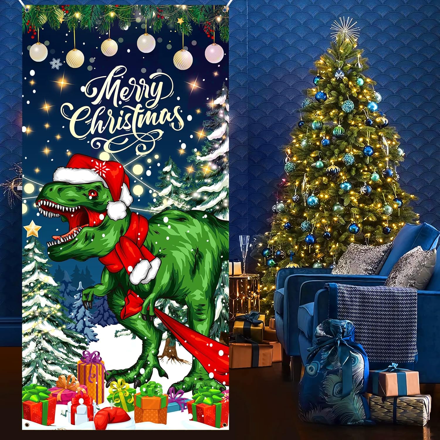 Christmas Dinosaur Door Cover Large Dinosaur Merry Christmas Door Banner Decorations Funny Winter Hanging Welcome Backdrop Yard Sign For Xmas New Year Holiday Indoor Outdoor Party Supplies 73X36Inch