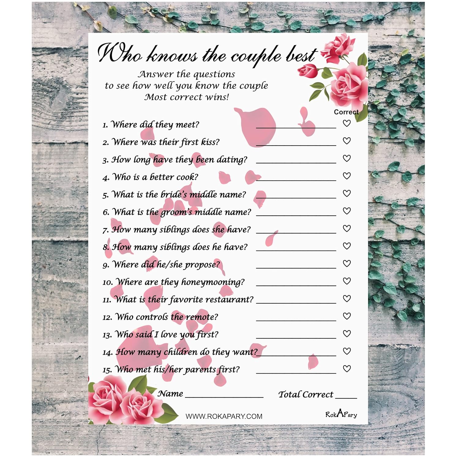 Floral Roses Who Knows The Couple Best, Wedding, Bridal Shower, Bachelorette Or Engagement Party Game, Couples Guessing Play Pack Of 50 Cards 5”X7” Made In Usa