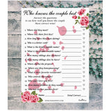 Floral Roses Who Knows The Couple Best, Wedding, Bridal Shower, Bachelorette Or Engagement Party Game, Couples Guessing Play Pack Of 50 Cards 5”X7” Made In Usa