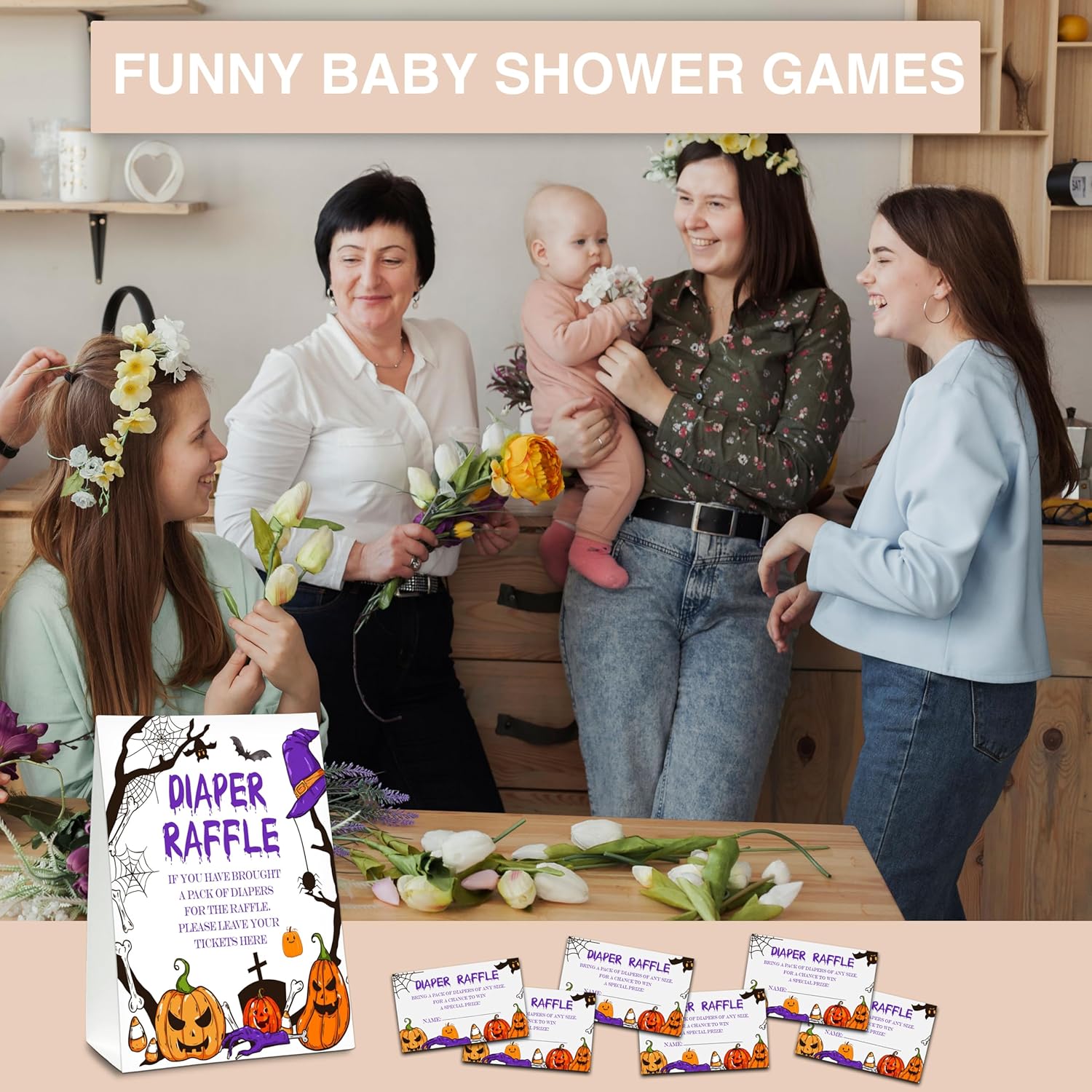 Halloween Diaper Raffle Games Sign, Halloween Baby Shower Party Game Set, Gender Reveal Party Favor Supplies Decor-1 Double Sided Standing Sign + 50 Guessing Cards (05)