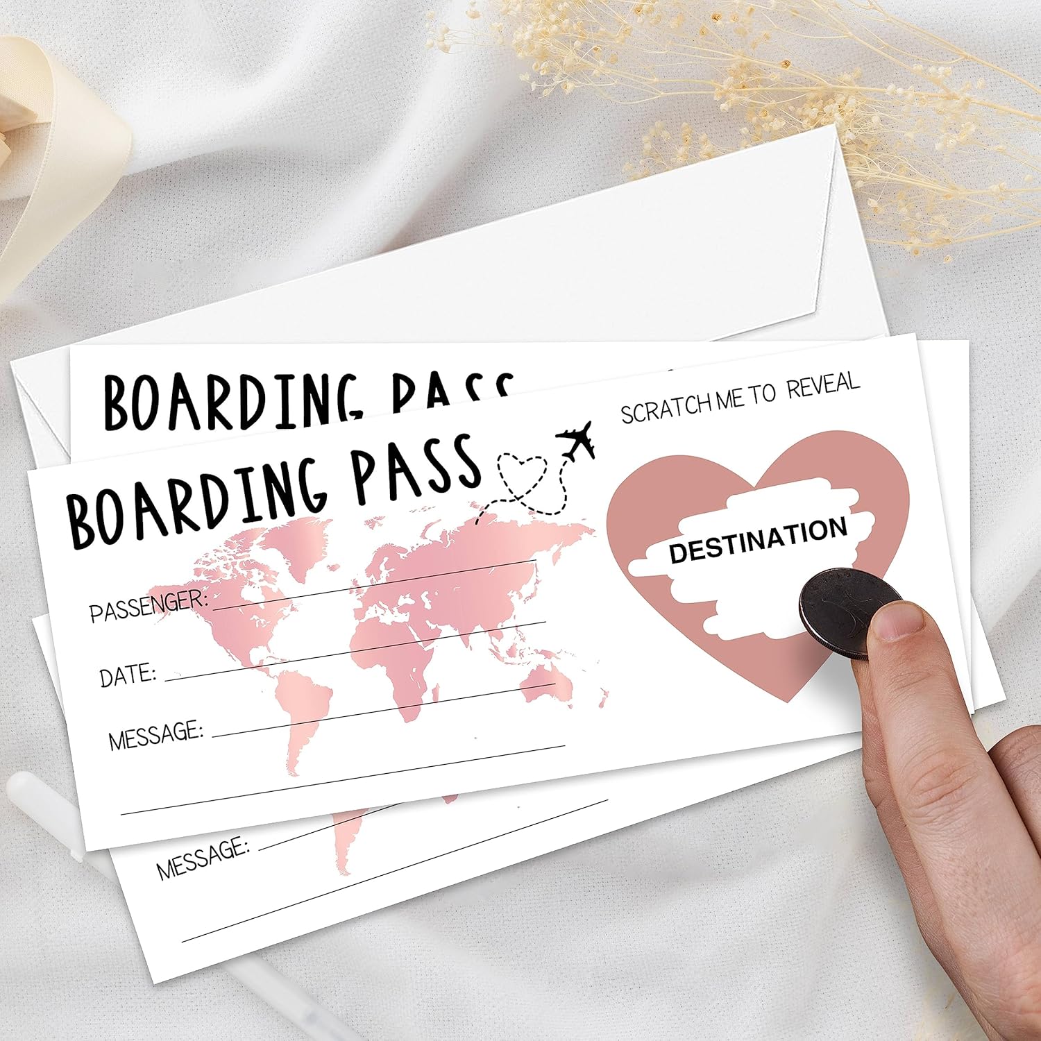 Scratch Surprise Boarding Pass, 2 Set Make Your Own Diy Travel Ticket, Surprise Reveal Card For Holiday, Christmas, Wedding, Birthday, Anniversary, Party Supply(3.5"X8" Pink)-A004