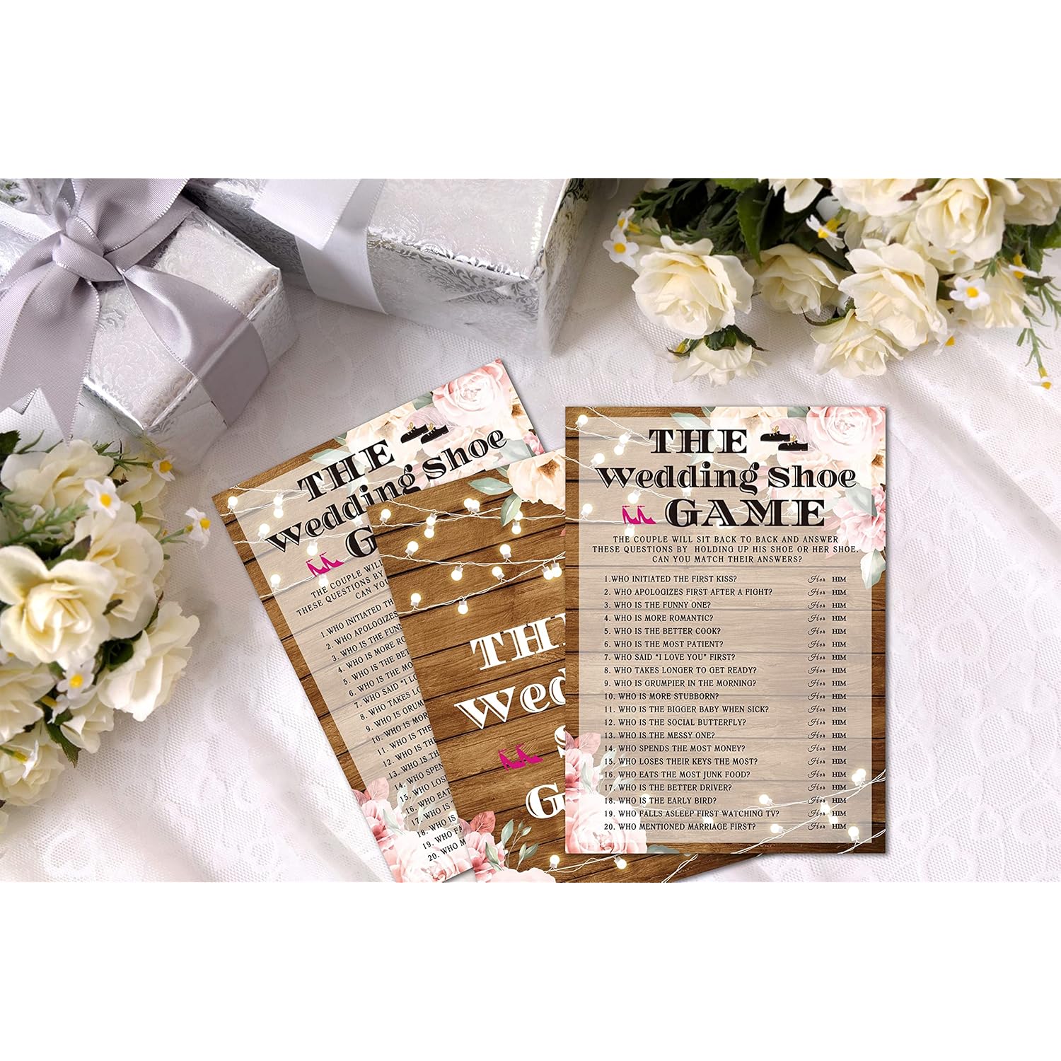 Bridal Shower Games, The Wedding Shoe Game Wedding Shower Game Card, Rustic Wood Boho Floral Romantic Engagement/Bachelorette Party Ideas Activities Supplies Decorations(30 Cards) - B09