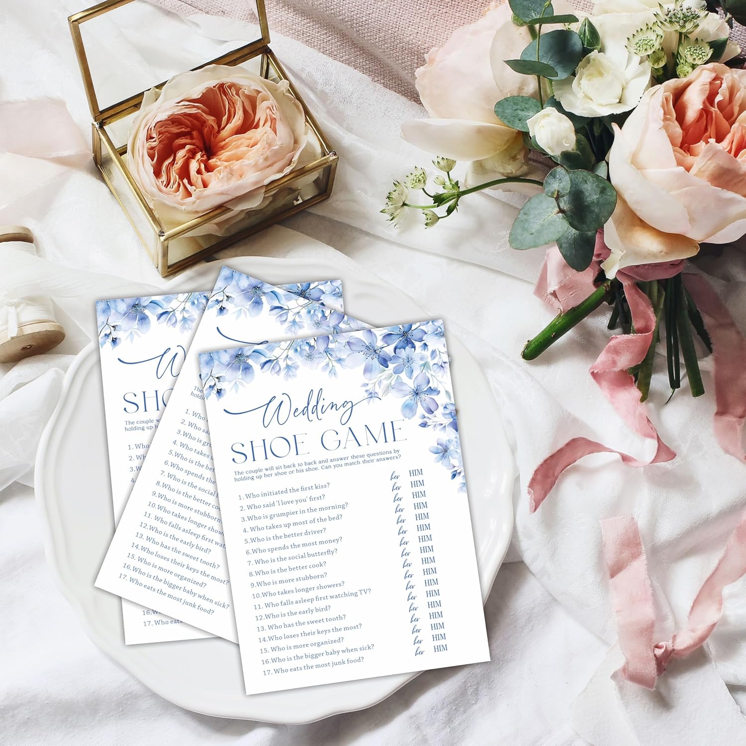 Wedding Shoe Game Bridal Shower Games - Blue Floral - 30 Pcs Double-Sided Fill-In Wedding Game Cards For Newlyweds, Engagement Party Activities & Decorations -A03