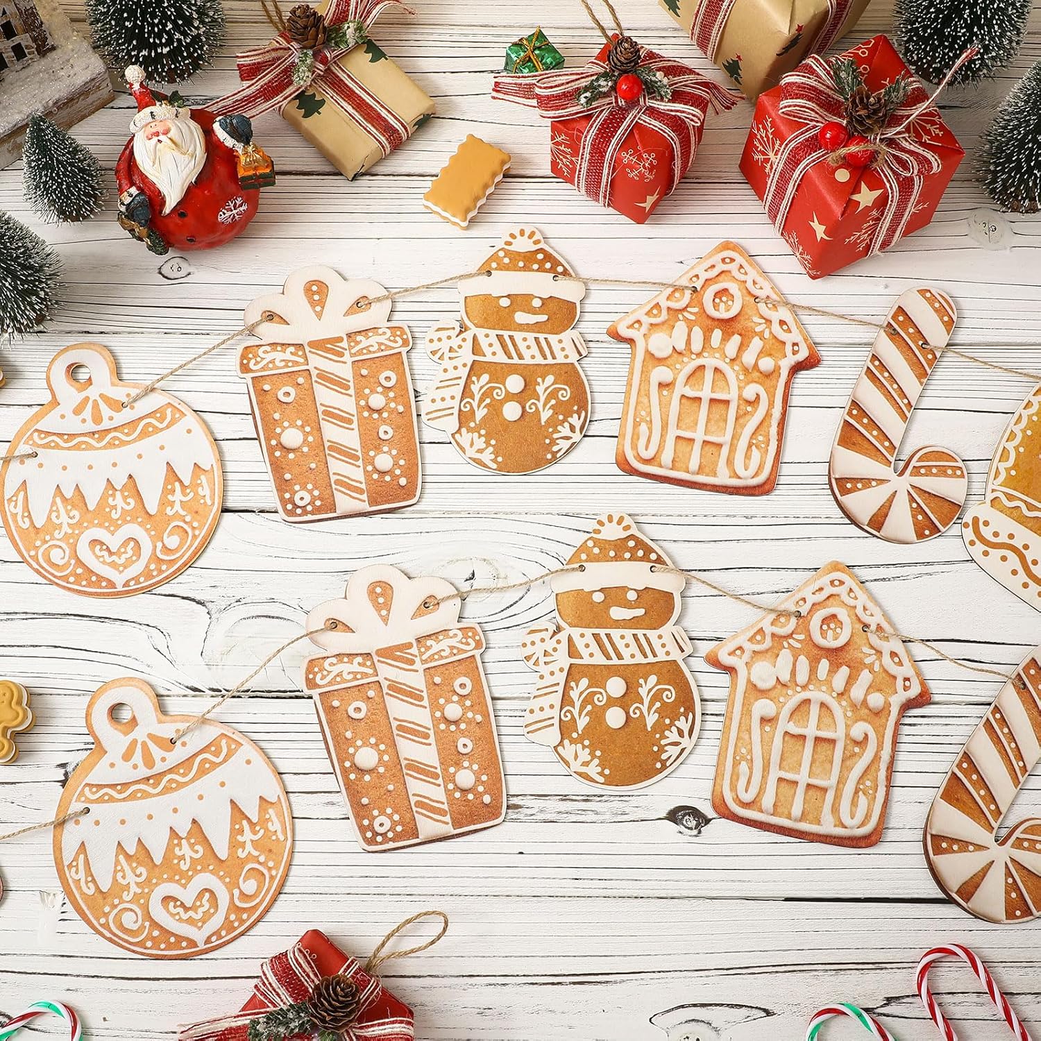 2 Pack Christmas Gingerbread Decorations Wooden Gingerbread Theme Garland Banner Hanging Tree Ornaments Christmas Bunting Banner For Party Holiday Wall Home Fireplace(Classic Style,Brown)