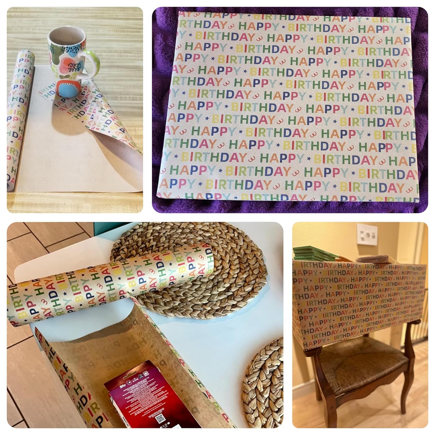Kraft Birthday Wrapping Paper - Mini Roll - 17 Inches X 33 Feet - For Boys Girls Kids - Colorful Happy Birthday Pattern Great For Teen, Party, Baby Shower