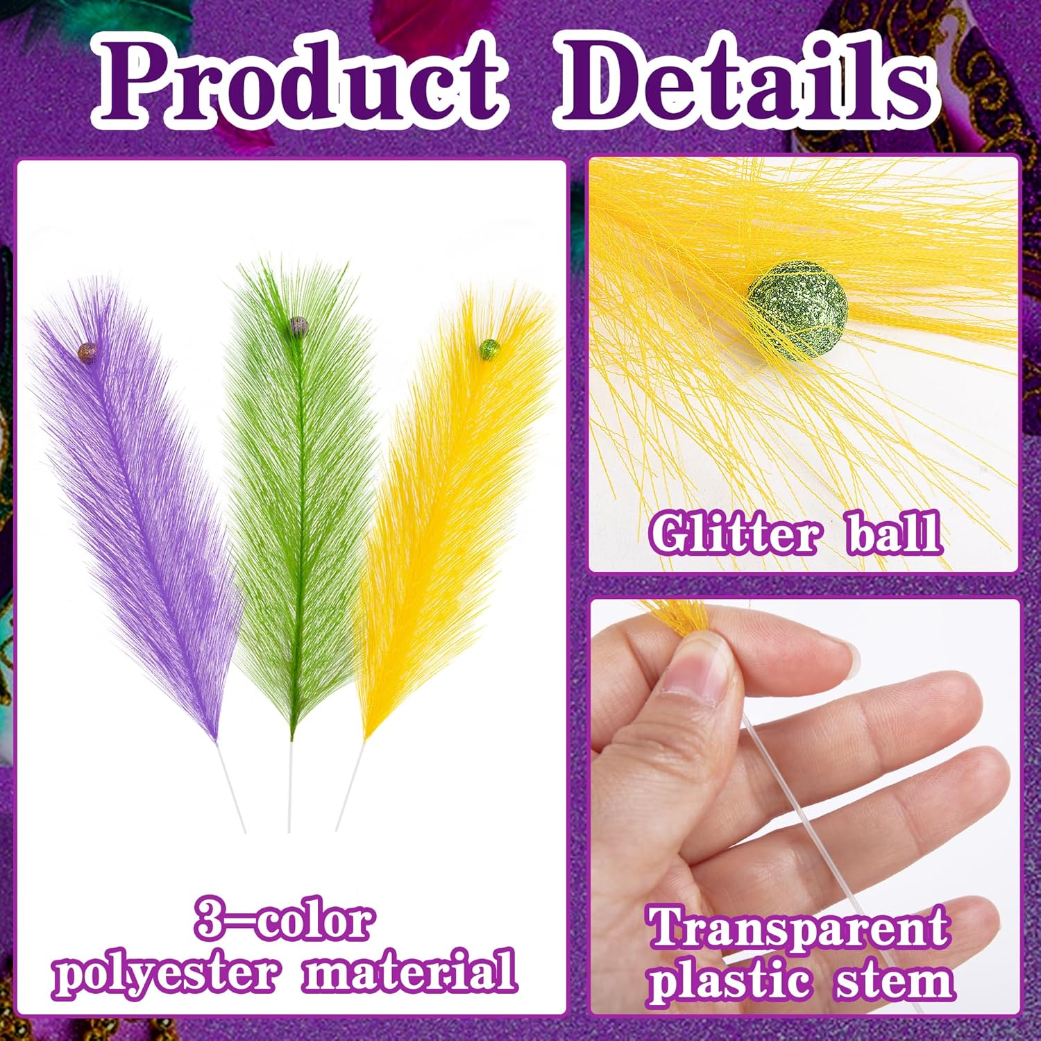 30 Pcs Mardi Gras Artificial Feathers Stems With Glitter Berry, Purple Gold Green Feather Picks Vase Fillers, Mardi Gras Feather Branches Sprays Ornaments For Carnival Party Table Centerpiece Decor
