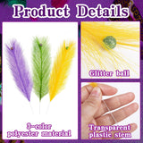 30 Pcs Mardi Gras Artificial Feathers Stems With Glitter Berry, Purple Gold Green Feather Picks Vase Fillers, Mardi Gras Feather Branches Sprays Ornaments For Carnival Party Table Centerpiece Decor