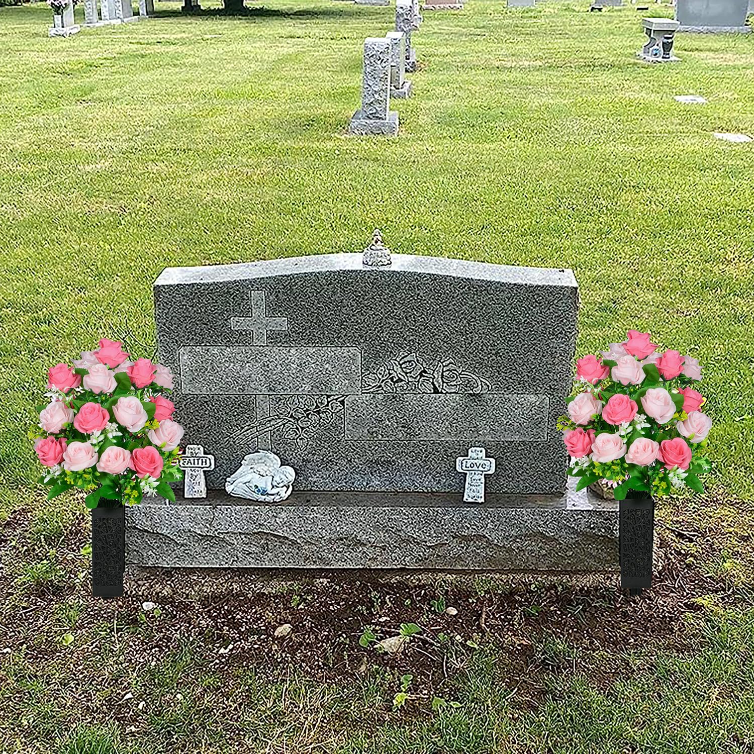 Artificial Cemetery Flowers, Set Of 2 Grave Memorial Flowers With Vase, Artificial Rose Bouquet For Cemetery Headstones Gravesites Decoration (Pink)