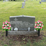 Artificial Cemetery Flowers, Set Of 2 Grave Memorial Flowers With Vase, Artificial Rose Bouquet For Cemetery Headstones Gravesites Decoration (Pink)