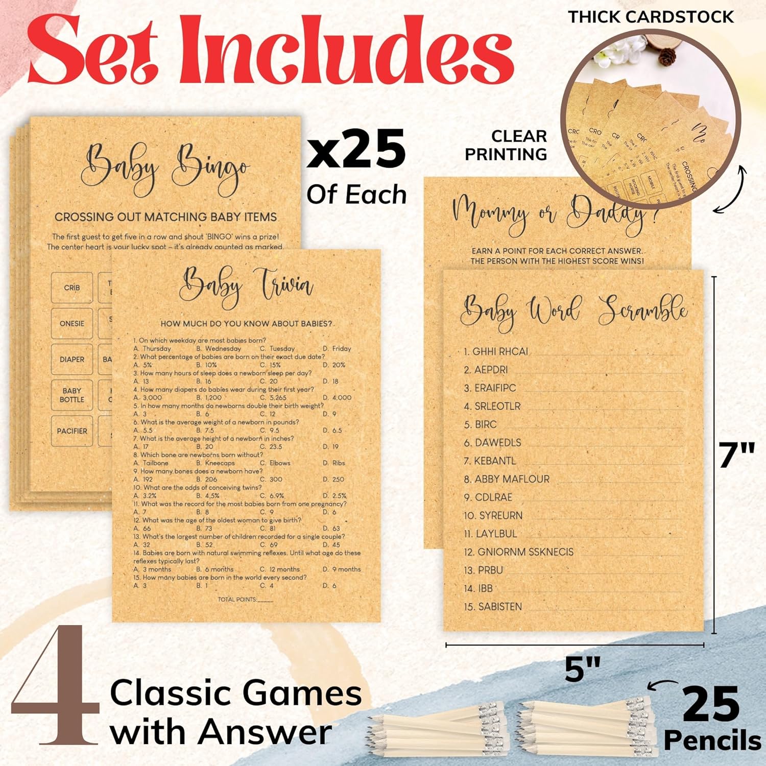 Funny Baby Shower Games Gender Neutral - Baby Shower Bingo Game For Girl Boy, Trivia Word Scramble Games For Baby Shower Decorations