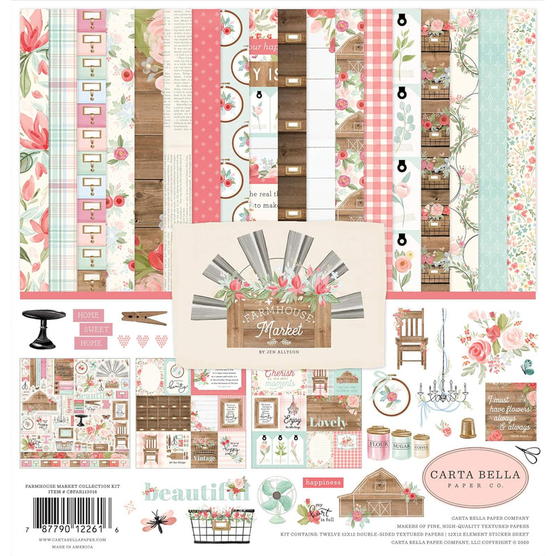 Farmhouse Market Collection Kit Paper, Pink, Teal, Black, Woodgrain, Cream, 12