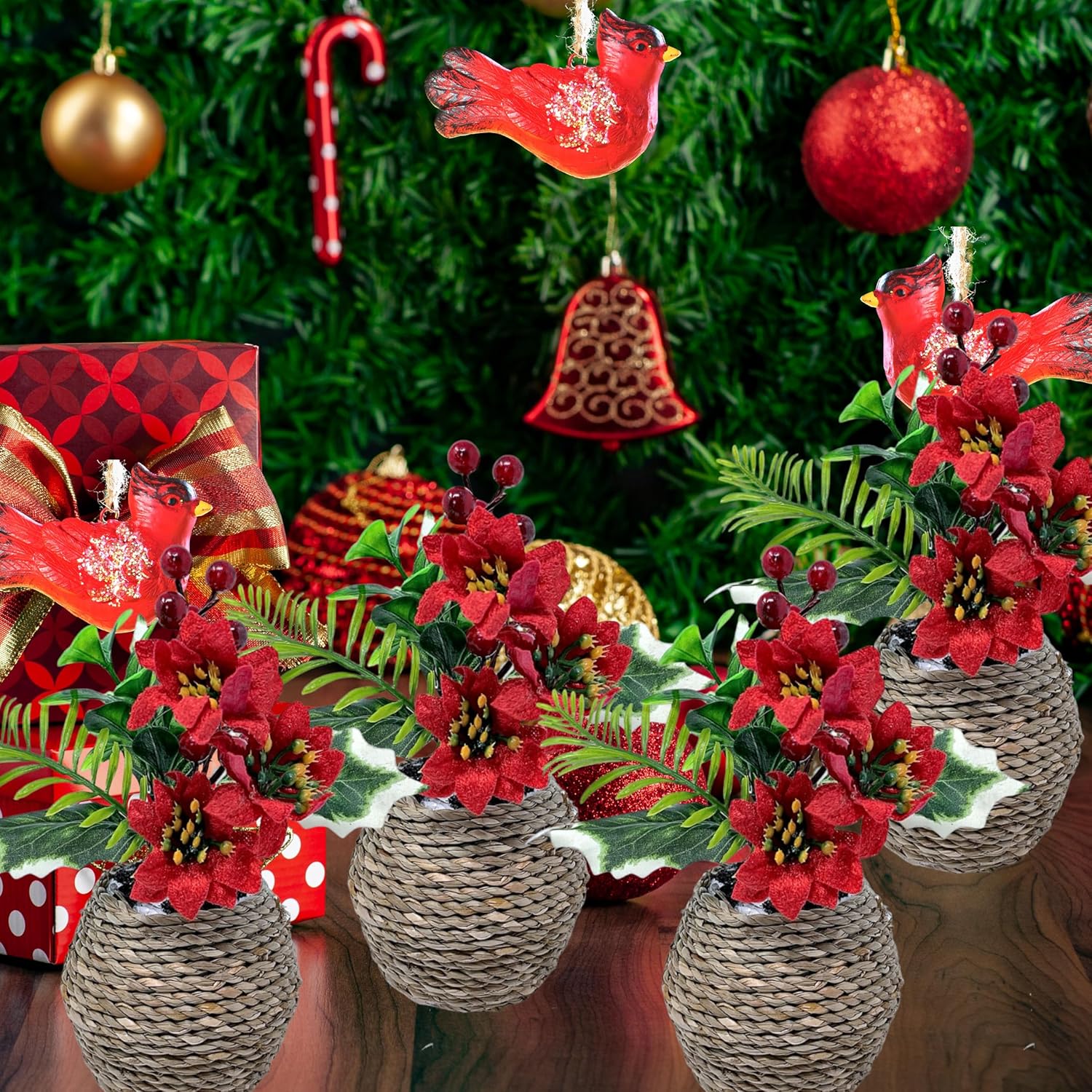 BANBERRY DESIGNS Poinsettia Christmas Decorations - Holly Berries Silk Flower Arrangements - Set of 4 - Red Christmas Flowers in Decorative Pots - Holiday Home Décor - 7" H