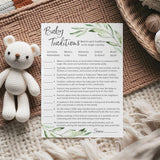 Greenery Baby Shower Games — Baby Traditions Around The World Game — Pack Of 25 — Fun Facts, Floral Green Olive Branch Trivia, Rustic Gender Neutral Minimalist Couples Shower Activity Reveal G320-Btw1