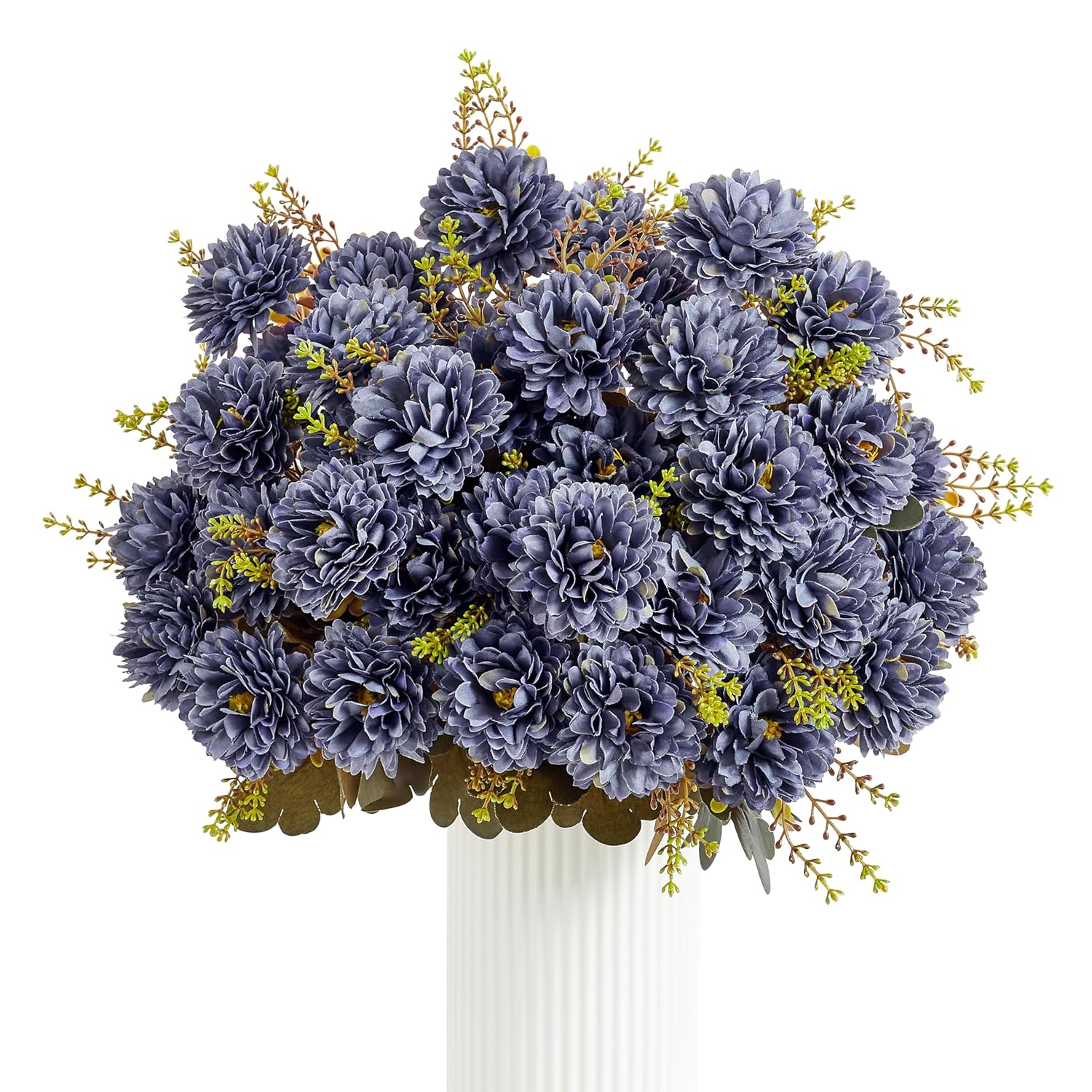 18 Heads Ink Blue Artificial Chrysanthemum Flowers Fake Mums Ink Blue Kiku Gothic Flowers Bouquet Silk Chrysanthemums For Indoor Outdoor Table Centerpiece Vase Pots Decoration, 2 Pcs