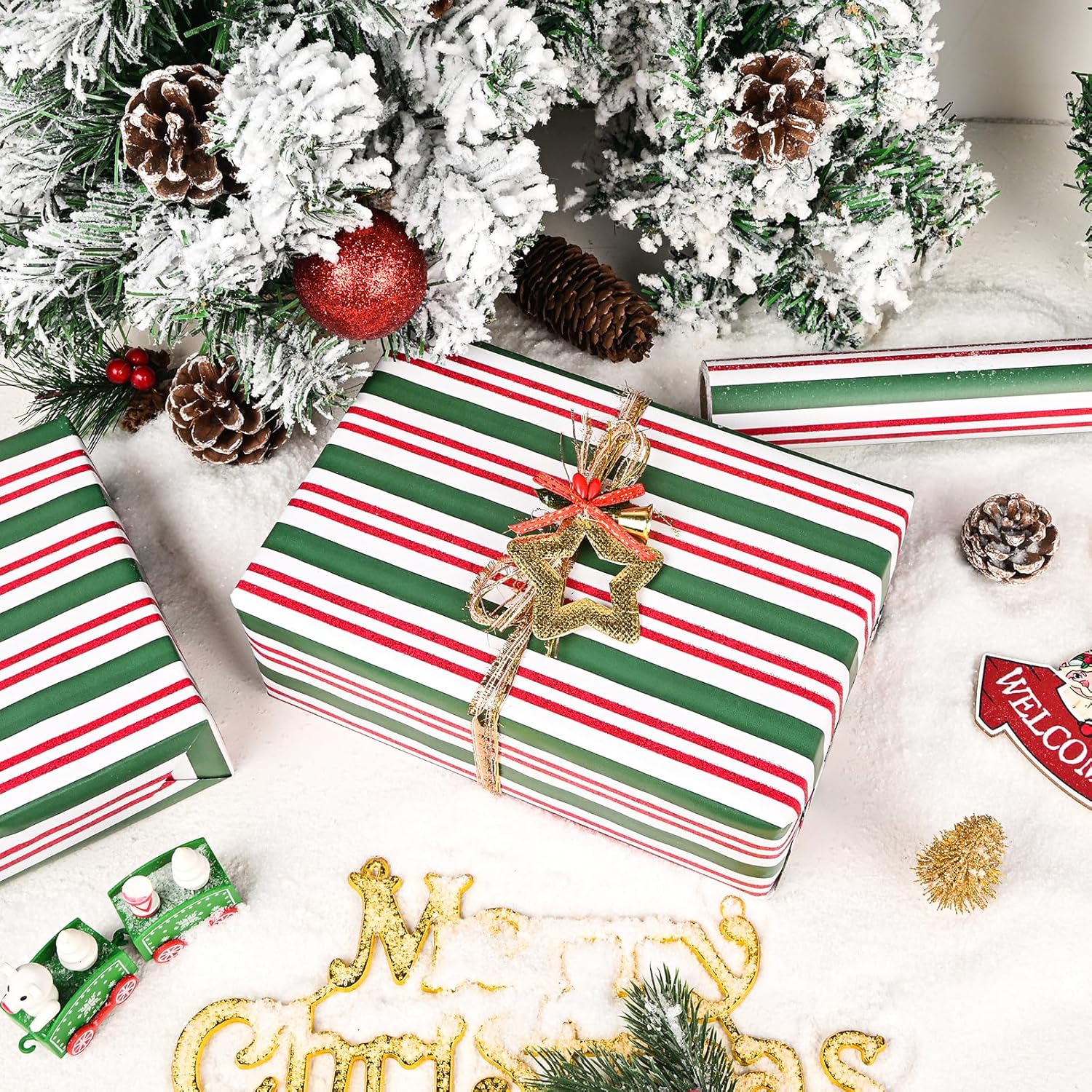 Glitter Christmas Wrapping Paper Roll - Red Green Christmas Stripe With Red Glitter Glimmer Powder Gift Wrap For Holiday Winter Parties - 17In X 16.5Ft