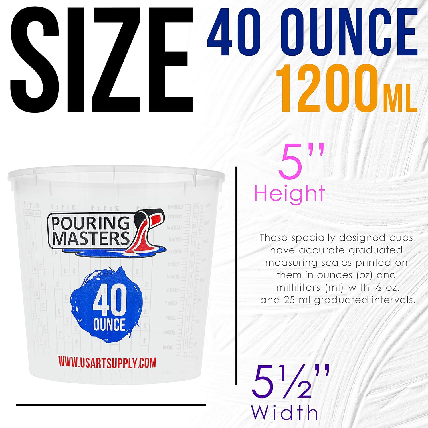 40 Ounce (1200Ml) Graduated Plastic Mixing Cups (Box Of 24) - Paint Mixing Cups For Epoxy Resin, Art, Kitchen, Baking - Measurements In Oz And Ml, 4 Different Measuring Ratios 1:1