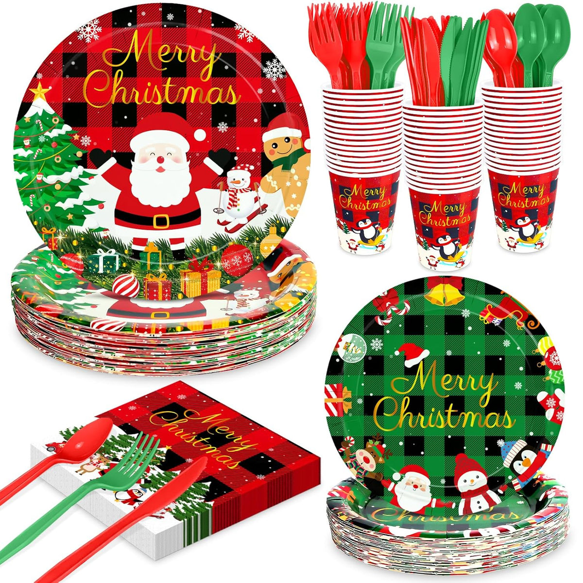 175 Pcs Christmas Plates And Napkins Set - Disposable Christmas Party Supplies With Cups, Plastic Spoons Forks Knives, Merry Xmas Paper Plates And Napkins For Xmas Holiday Party Decor, Serves 25