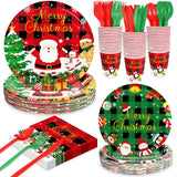 175 Pcs Christmas Plates And Napkins Set - Disposable Christmas Party Supplies With Cups, Plastic Spoons Forks Knives, Merry Xmas Paper Plates And Napkins For Xmas Holiday Party Decor, Serves 25