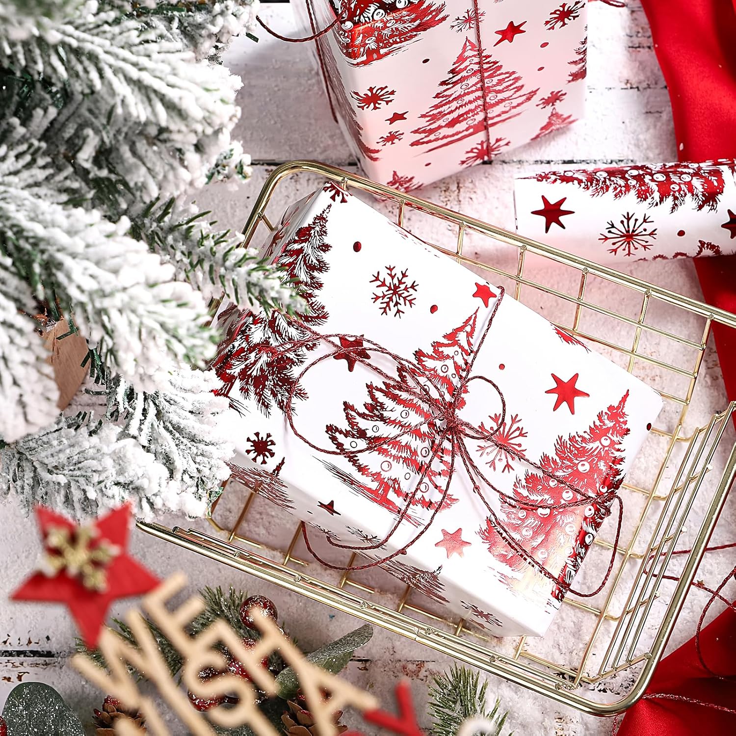 Christmas Wrapping Paper Roll - Mini Roll - Red Foil Christmas Tree Pattern Great For Holiday Gifts, Party And More - 17 Inches X 16.5 Feet