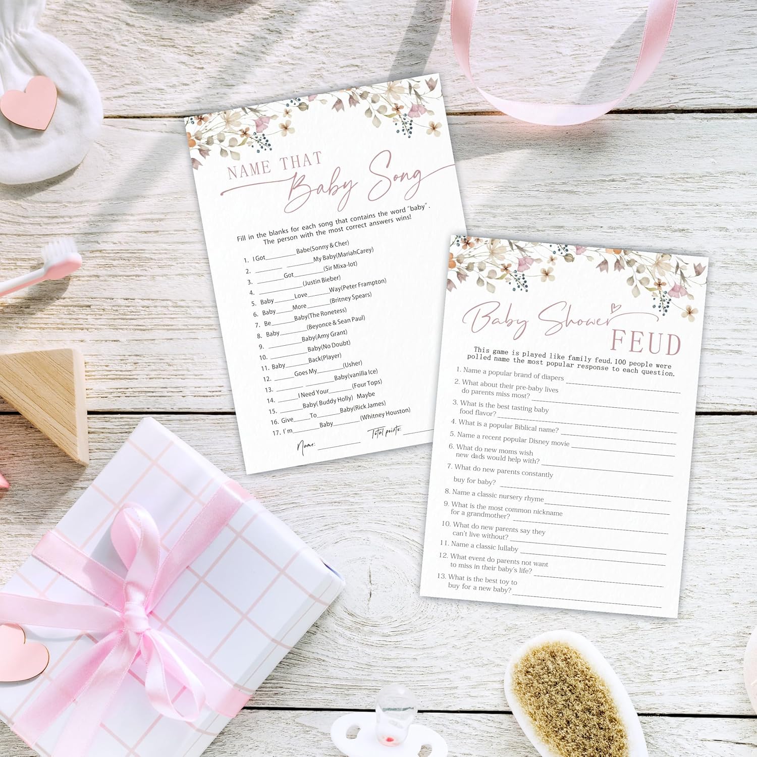 Boho Flowers Baby Shower Game Activities, Name That Baby Song & Baby Shower Feud Theme Game Cards, 30 Floral Game Cards & 1 Answer Card, Decorations & Supplies For Baby Shower Party?5X7 Inches? - C05