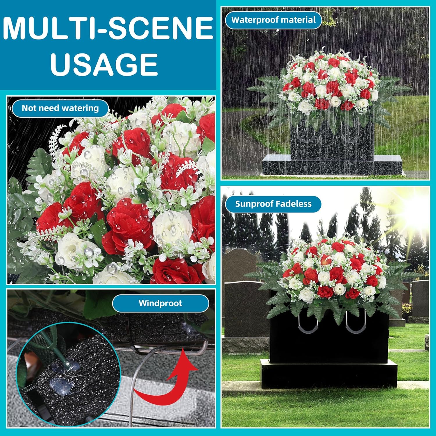 Headstone Flower Saddle,Large Artificial Cemetery Flowers For Grave,Cemetery Memorial Flowers For Outdoor Tombstone Decorations (Red White)
