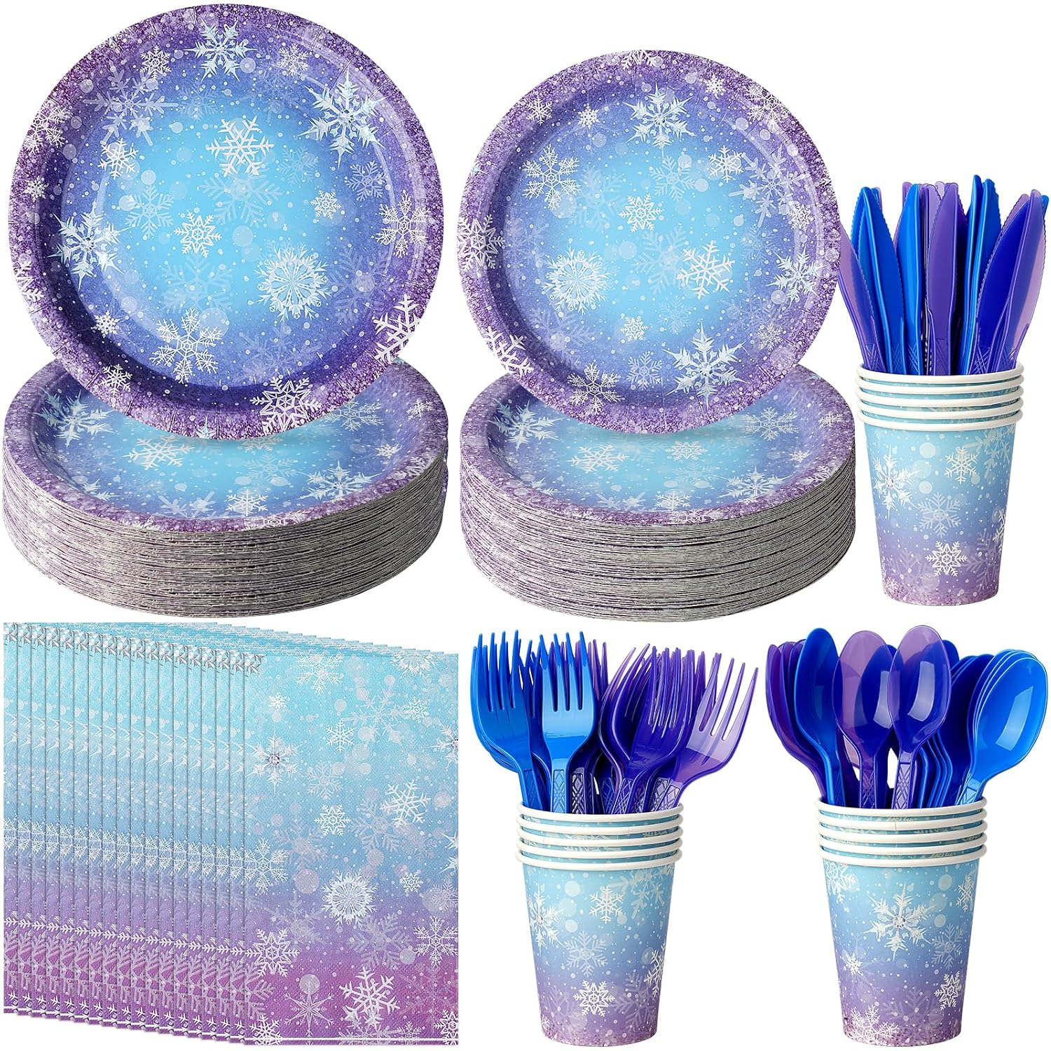 Winter Snowflake Paper Plates And Napkins Set, Blue And Purple Snowflake Winter Wonderland Disposable Tableware For Christmas Winter Holiday New Year Birthday Party Supplies Decorations, Serve 25