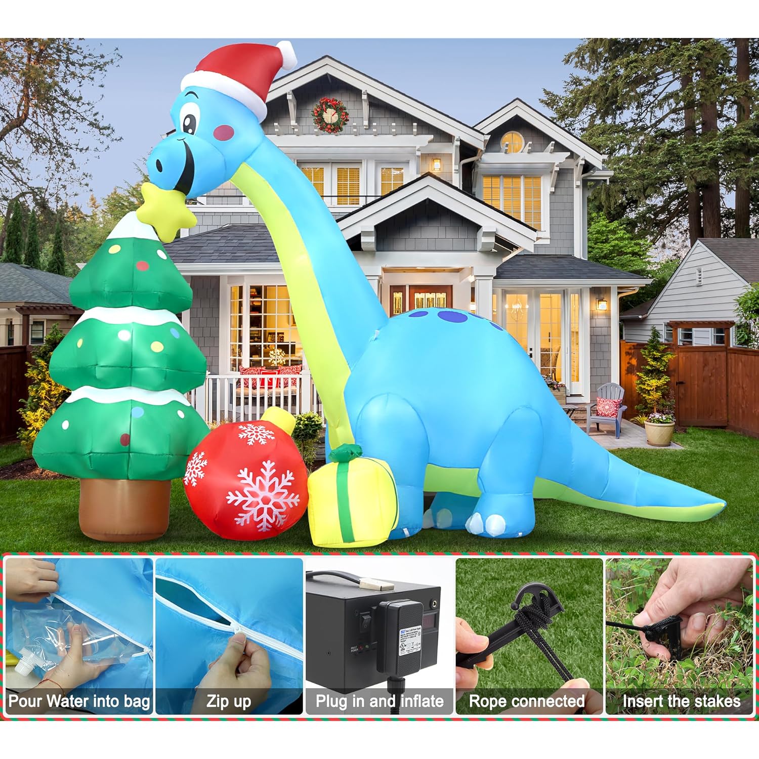 13.6 Ft Long Christmas Inflatable Decorations, Huge Xmas Inflatable Dragon Dinosaur With Trees Gift Hats Decors Built-In