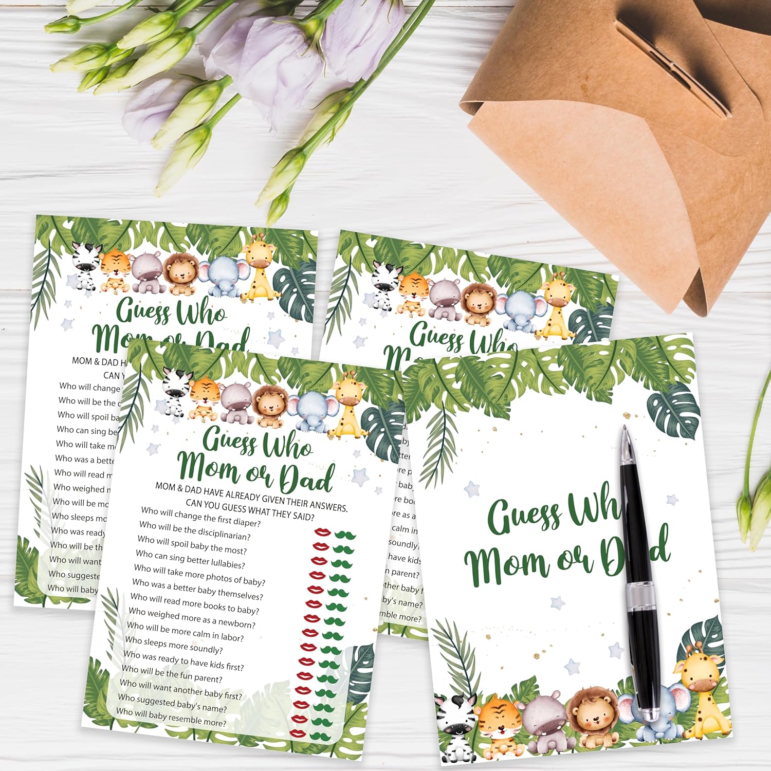 Safari Animals Baby Shower Games Cards, Find Who Mom Or Dad Game Cards For New Parents Baby Shower Activity, Wildlife Gender Reveal Party Games For Decorations Favors Supplies, Set Of 25-07