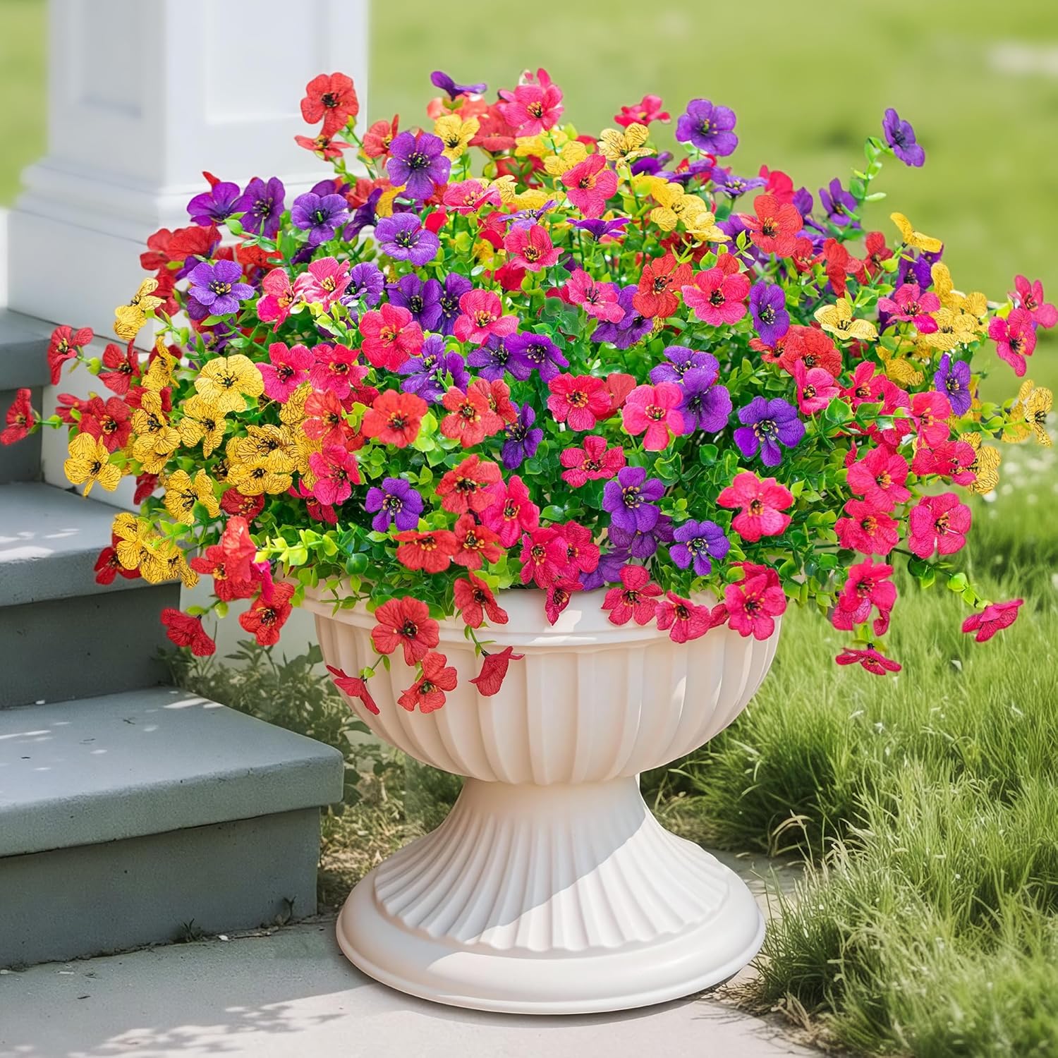 Artificial Fake Flowers Plants For Outdoors Spring Summer Decor,16 Bundles Faux Flowers Plant Silk Daisy Uv Resistant For Outside Planters Front Porch Patio Yard Garden Home(Red,Purple,Yellow,Fuchsia)