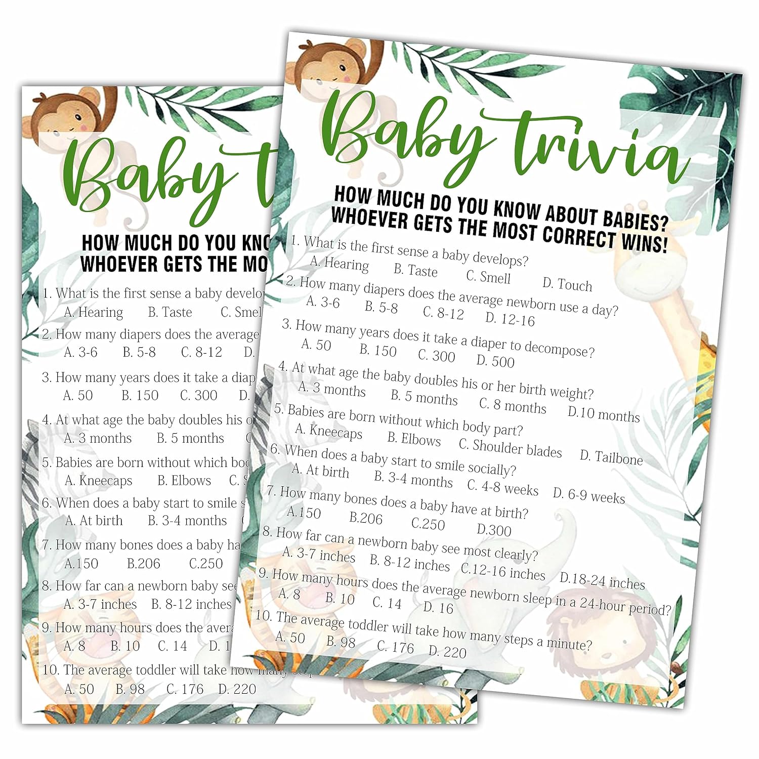 Woodland Baby Trivia Baby Shower Games, 25 Safari Animals Gender Neutral Cards With 1 Answer Card, Gender Reveal Party Game Set For Women, Men-A39