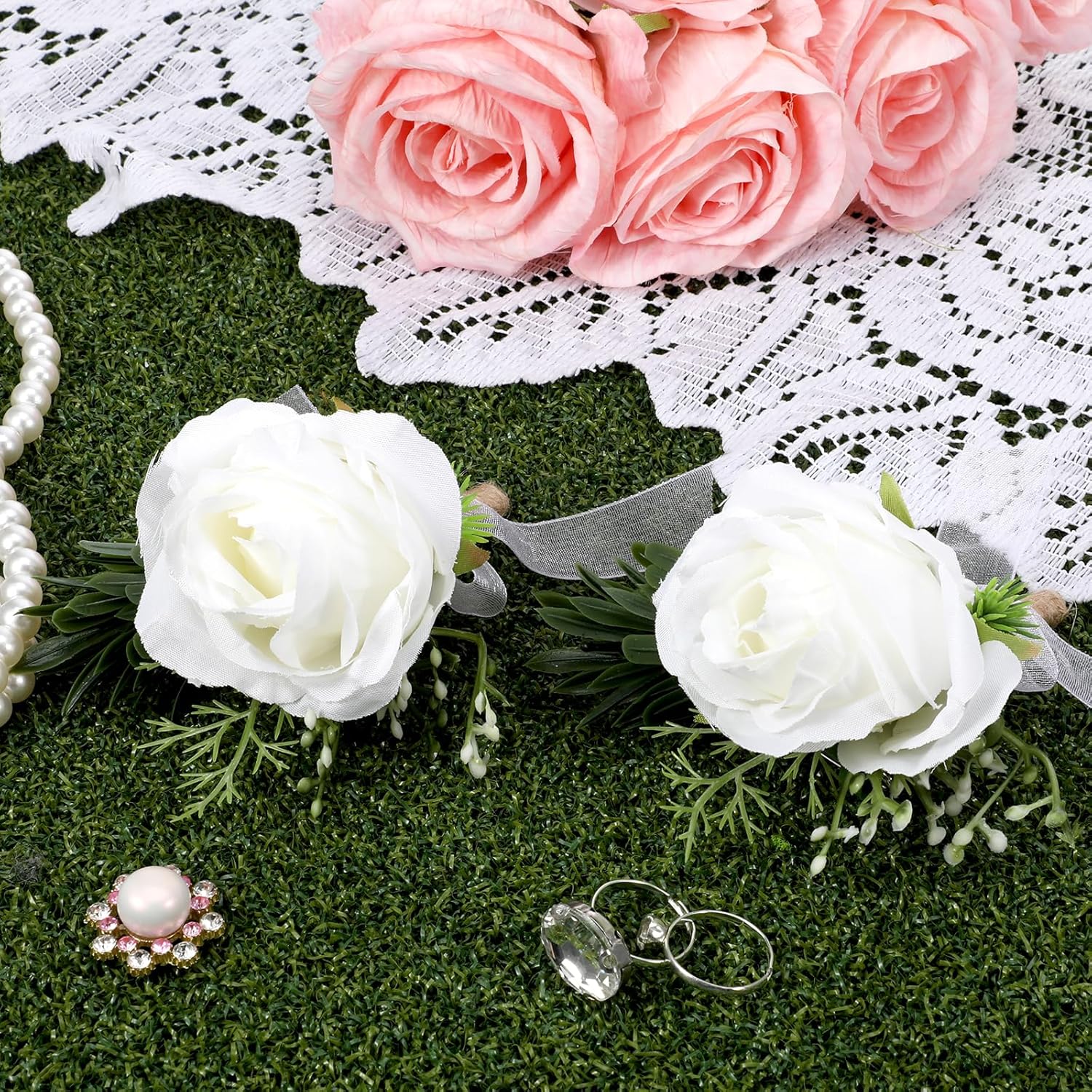 Boutonniere For Men, 2Pcs White Rose Wedding Bouquet Artificial Flowers, Corsage And Boutonniere Set For Groom Groomsmen, Anniversary Celebration Prom Party Formal Events