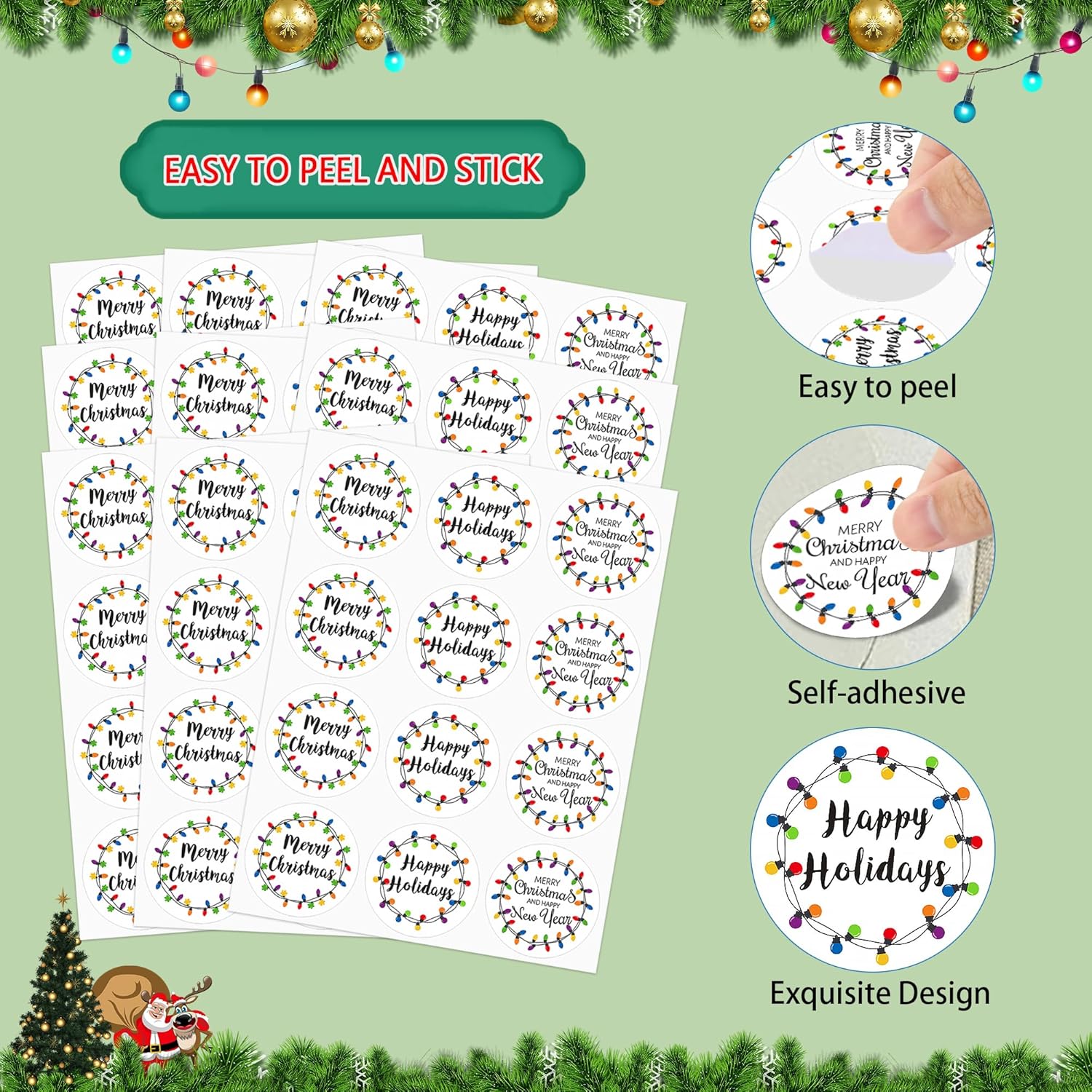 360Pcs Christmas Lights Stickers For Kids, New Year Envelopes Seals Stickers Gift Present Wrap Decoration, 1.5Inch