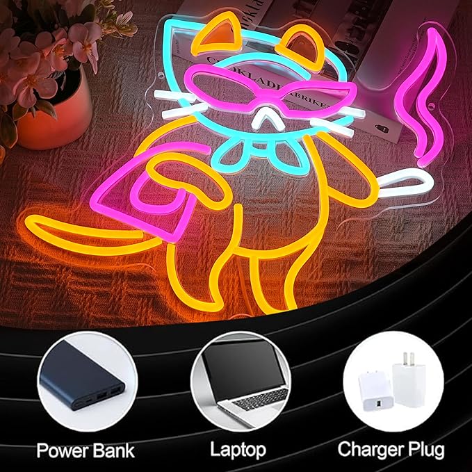 Lady Cat Neon Sign USB Dimmable LED Wall Light Cool Glasses Kitty Decor for Bedroom Bar Pet Shop