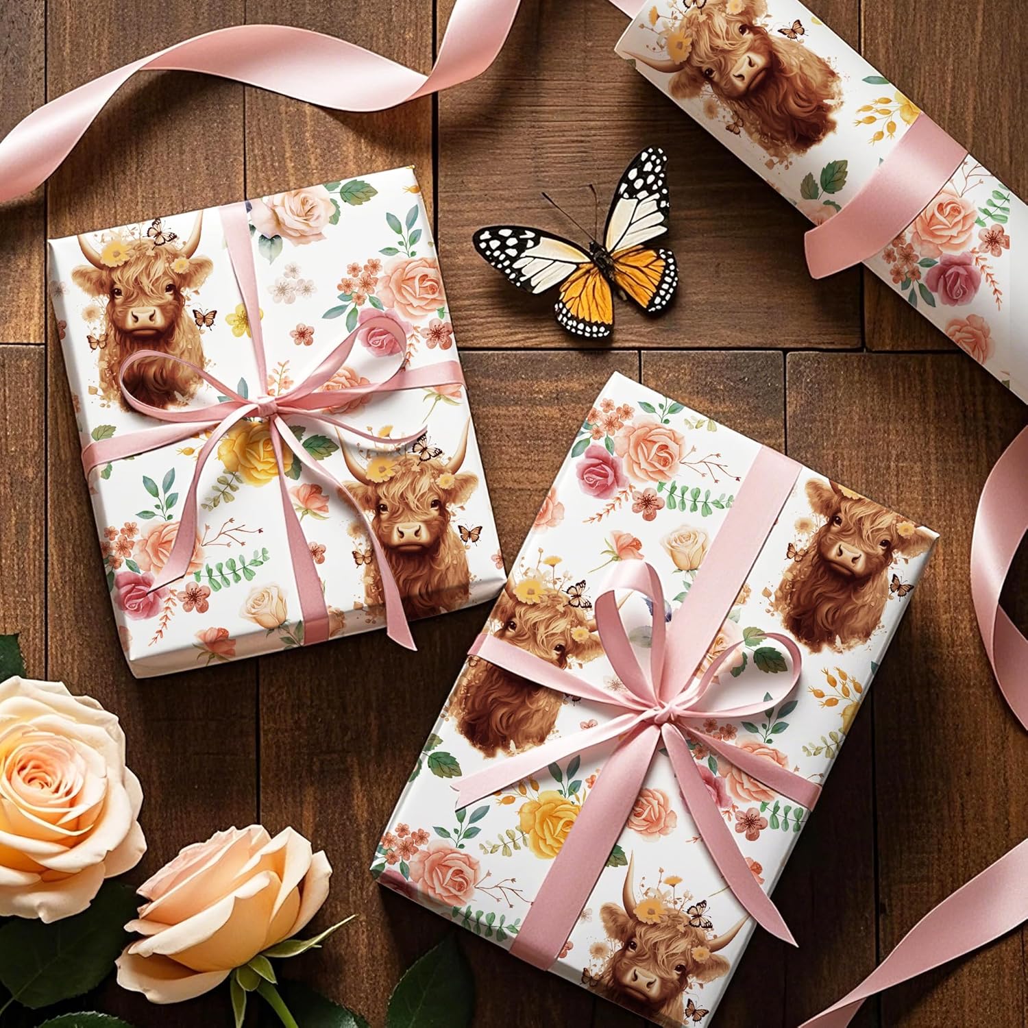 Highland Cow Wrapping Paper Roll - Mini Roll - 17 Inch X 16.5 Feet - Highland Cow And Floral Wrapping Paper For Birthday, Baby Shower, Wedding