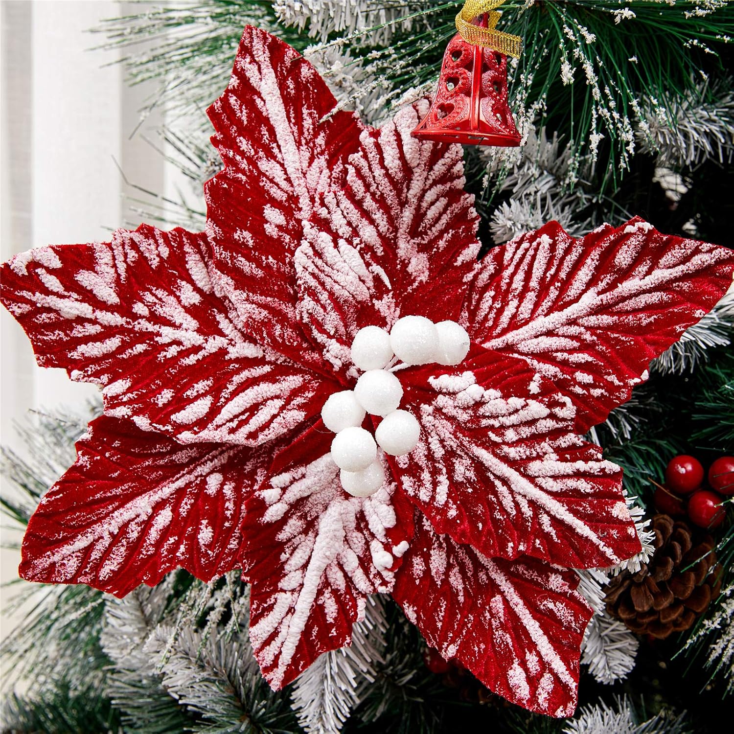 10Pcs Snow Decorated Large Poinsettia Decorative Christmas Flower Stem For Christmas Tree Wreath Garland, Red/White