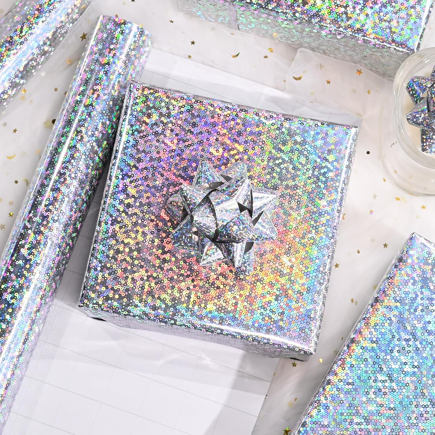 Silver Polka Dot Wrapping Paper Roll -17 In×32.8 Ft 1 Roll Metallic Holographic Foil Gift Wrap For Birthday, Wedding, Baby Shower, Valentine'S Day - 46.5 Sq.Ft.