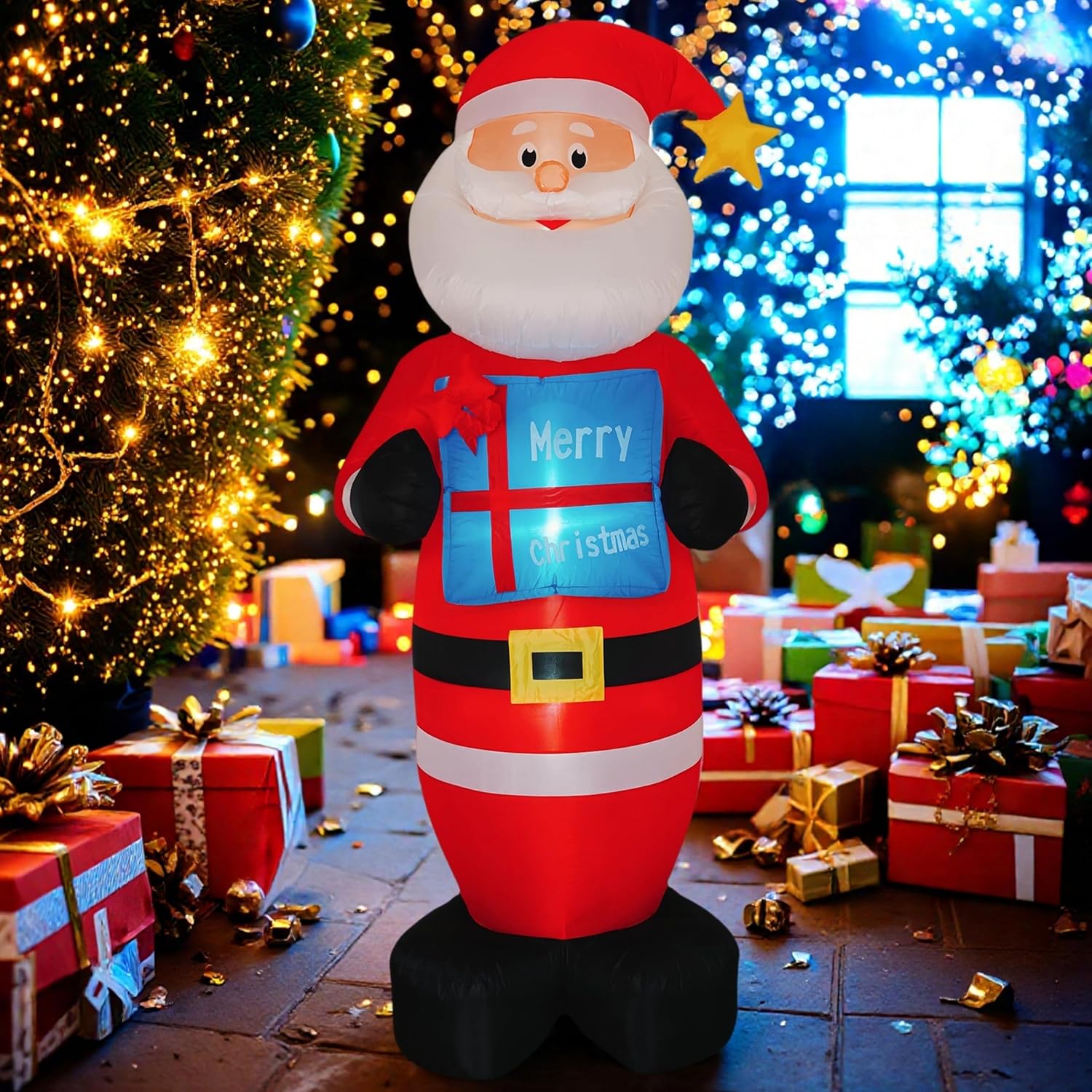 Christmas 8Ft Inflatables Santa Claus With Gift Box And Build-In Led Lights, Xmas Blow Up Gift For Indoor, Outdoor, Part