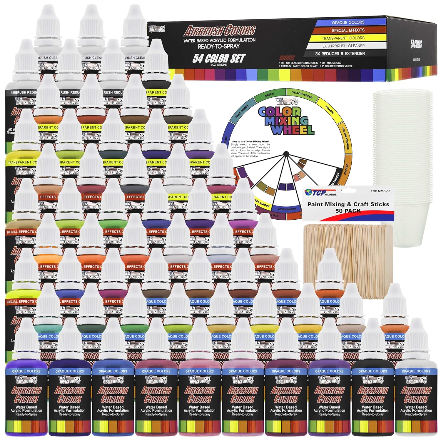54 Color Ultimate Acrylic Airbrush, Leather & Shoe Paint Set With Cleaner, Thinner, 50-Plastic Mixing Cups, 50-Wooden Mix Sticks And A Color Mixing Wheel