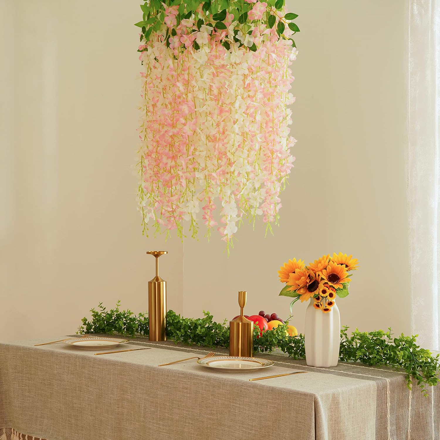 10Pcs White & Pink Fake Wisteria Hanging Flowers, 3.6Ft/Pcs Artificial Wisteria Garland, Hanging Flowers For Wedding Party Home Backdrop Wall Decoration