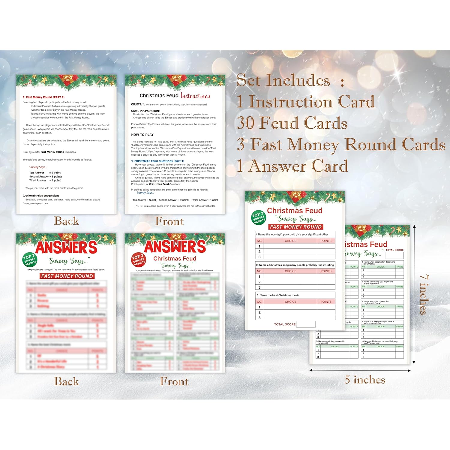 Christmas Feud Games, Feud Trivia Quiz, Party Games For Adults, Family Activities, Baby Shower Game, 30 Feud Cards And 3 Fast Money Round Cards, Winter Party Supplies-Lq5