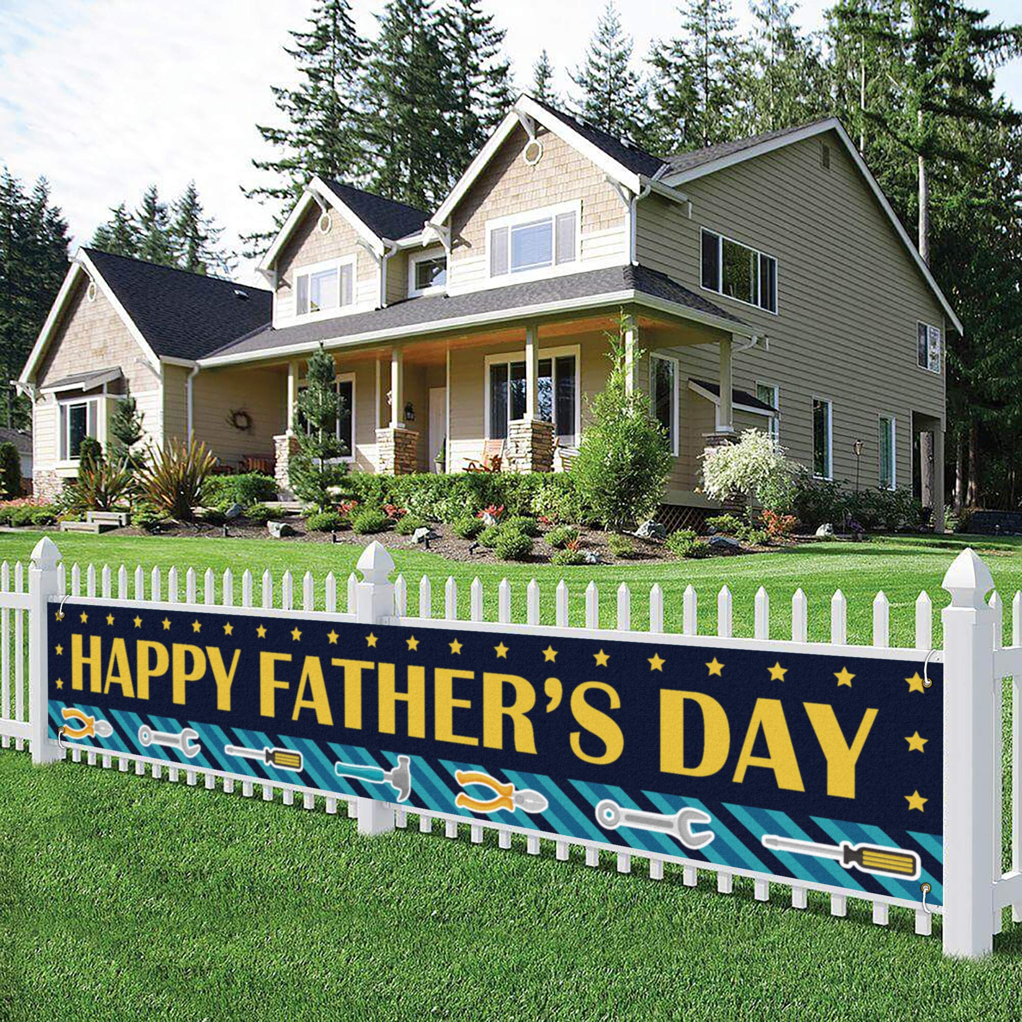Happy Father’s Day Large Banner, Father’s Day Lawn Sign Porch Sign, Father’s Day Party Decorations, Indoor Outdoor Backdrop 8.9 x 1.6 Feet –Yellow Fonts