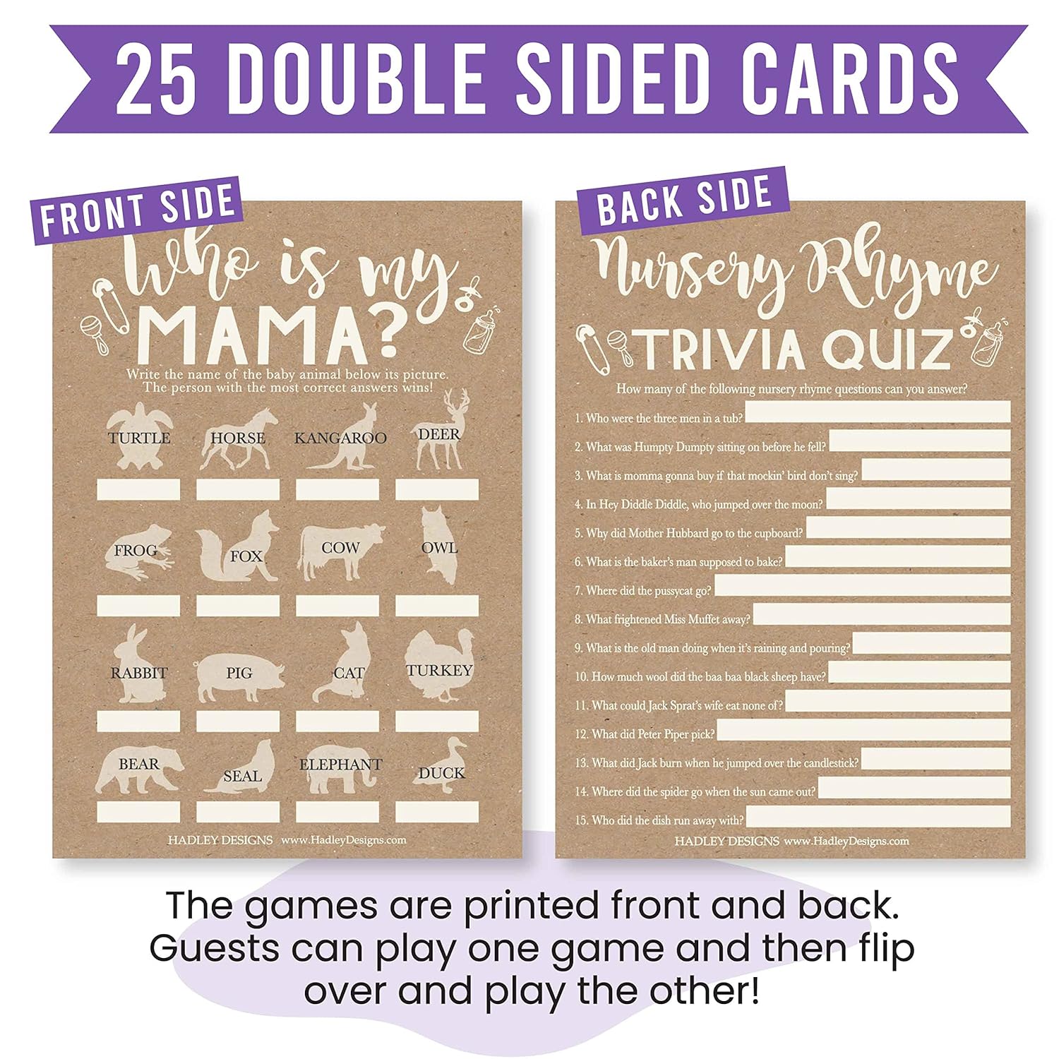 Baby Shower Games For 25 Guests - Kraft Baby Shower Trivia Game, Nursery Rhyme Quiz & Who Is My Mama, Animal Matching Game, Babyshower Games Boy Girl Gender Neutral, Made In Usa