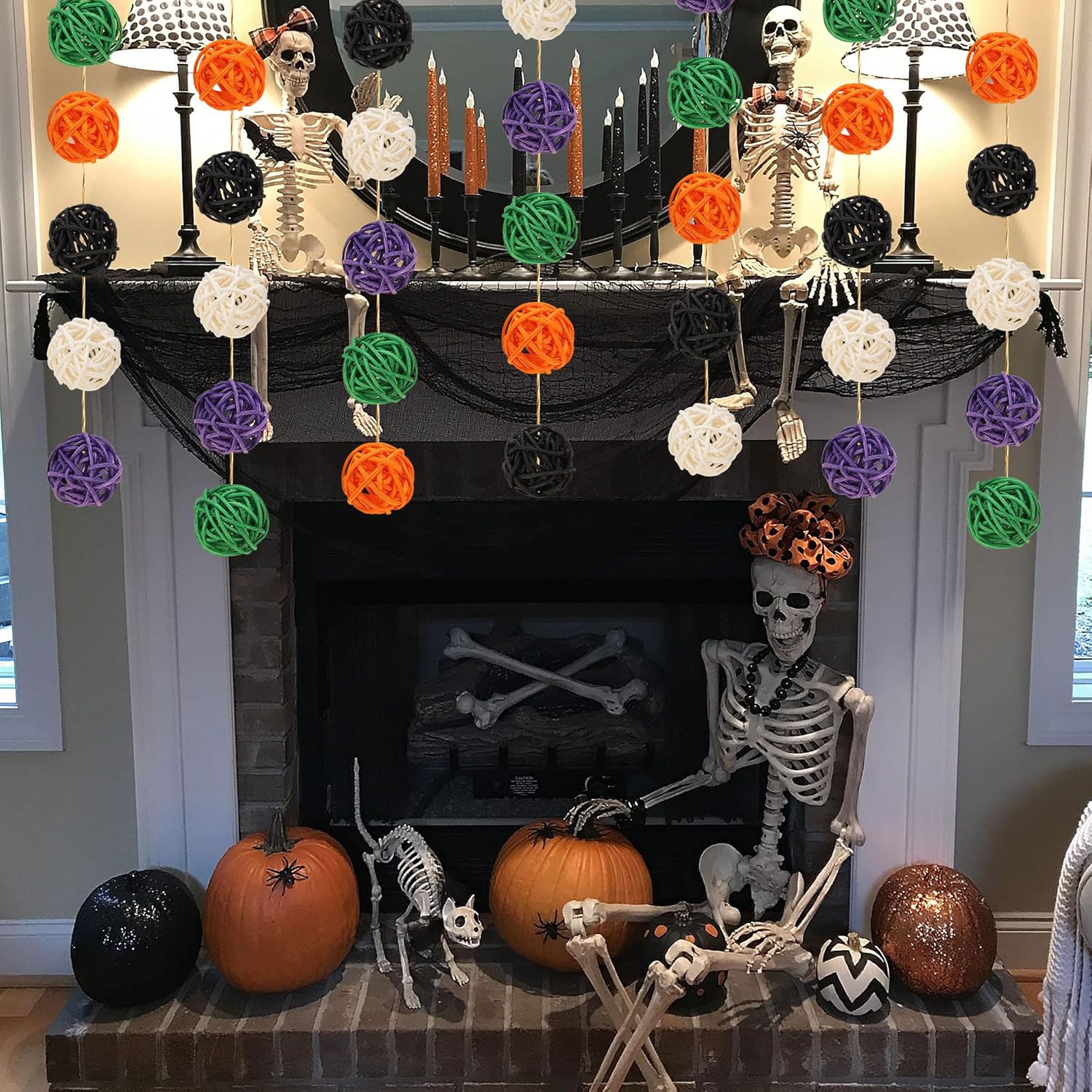 35Pcs Halloween Rattan Balls Decorations, 1.18In/3Cm Black White Green Orange Purple Natural Wicker Balls Ornament Vase Filler With Hemp Rope For Halloween Tree Table Decor Party Supplies