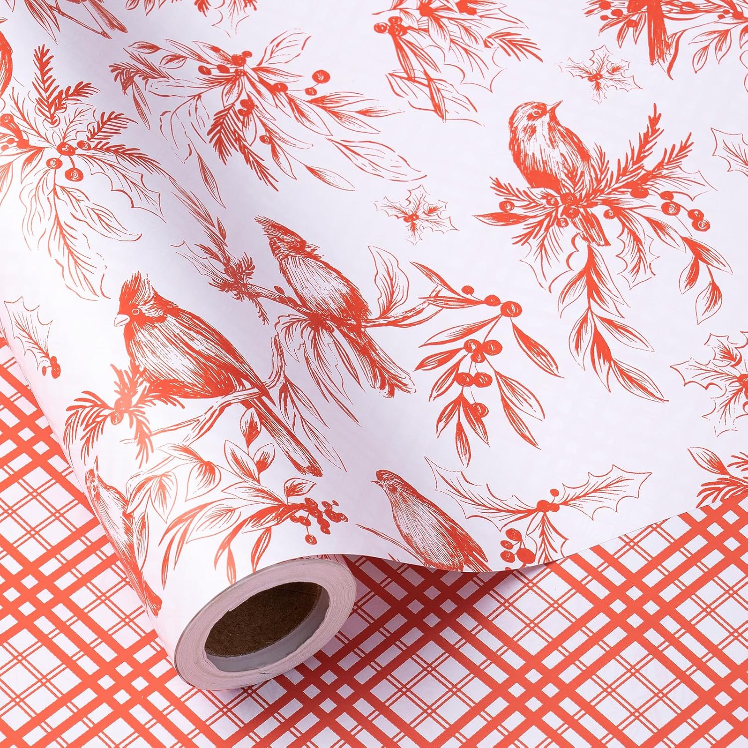 Reversible Christmas Wrapping Paper Roll, Mini Roll, Vintage Red Botanical Bird And Pinecone Design, Red White Plaid Pattern Gift Wrap Paper For Elegant Holiday Gifts, 17 Inches X 32.8 Feet